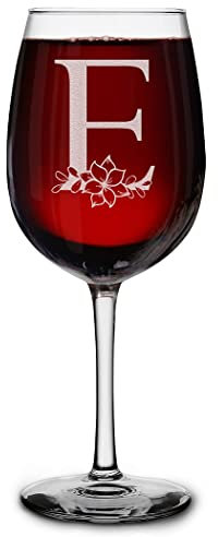 Personalized Floral Monogram Wine Glass with Engraved Initial 16 oz Stemmed Glass for Women Custom Gift for Her Birthday & Special Occasions (E)