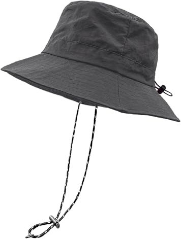 woogwin Wasserdichter Fischer-Regenhut mit Kinnriemen, schnell trocknend, verstaubar, Boonie-Sonnenhut, Safari-Hut, UV-Schutz, Dunkelgrau, M/XL