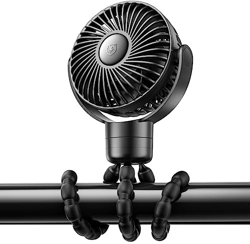 SMARTDEVIL Kinderwagenventilator, 4000mAh Ventilator Kinderwagen mit Abnehmbarem Kopf, 4 Geschwindigkeiten Dual 360° Drehbar,Ventilator Baby mit Flexiblem Stativ, für Peloton Bike, Laufband, Reisen