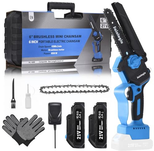 sainlogic Mini Chainsaw, 6 Inch Chain Saw with 2PCs 2000mAh Battery (Each Up to 30 Minutes Operation), Powered Chainsaw Cordless Security Lock Blue (SC-15)