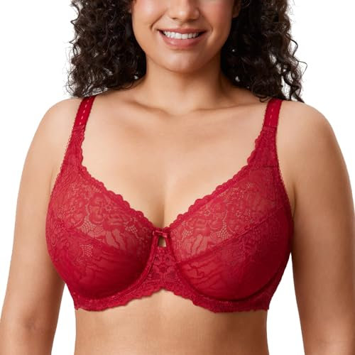 DELIMIRA Donna Reggiseno Minimizer in Pizzo Taglie Forti Coppa Completa con Ferretto Senza Imbottito Rosso Scuro 8G