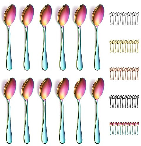 Evanda Rainbow Teaspoons 12 Pieces, Rainbow Titanium Plating Stainless Steel 14cm Tea Spoon, Cutlery for Tea, Coffee, Cake, Dessert and Salad, Dishwasher Safe