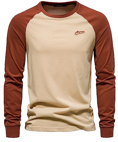 Caxndycing LangarmShirt Herren Casual Patchwork Freizeithemd Basic Rundhals Oberteile Kontrast Baseball Shirt Oversize Longsleeve T-Shirt Rundhals Ausschnitt Shirt