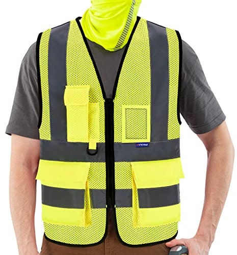 AYKRM 4XL 5XL Sicherheitsweste Warnweste Reflektierendes WarnschutzWeste Warnweste mit Reflektorstreifen mit Reißverschluss und Taschen Arbeitsweste