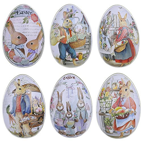 FaJoek 6 Stücke Ostereier Keksdose Metall, Ostereier zum Befüllen, Bunny Metall Blechdose, Ostereier Süßigkeiten Kasten, Ostereier Plätzchendose, Osterdeko Eier zum Befüllen (11 * 6.5 * 7 cm)