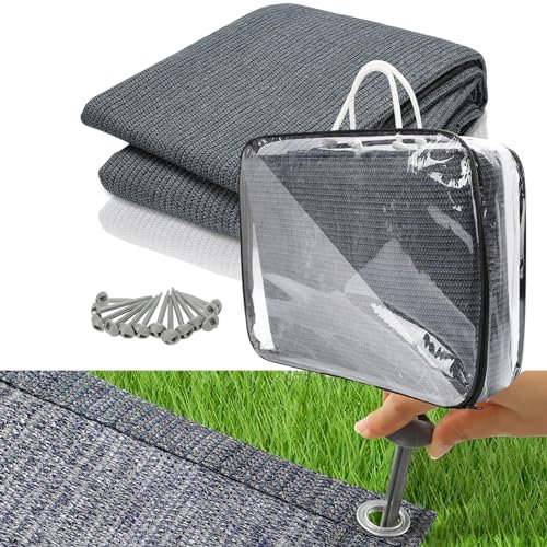 Fiqops Tapis pour auvent 300 x 500 cm, Tapis de Sol Camping Respirant, Lavable, Anti-moisissure, antidérapant, stabilisé aux UV, avec 12 Trous, 13 piquets et Sac de Transport