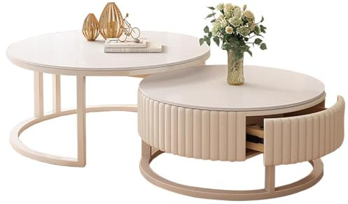 HRXQ Runder Couchtisch Weiß 2er Set Wohnzimmertisch Rund Für Wohnzimmer, Metallgestell+8mm Verdickte Felsplatte (70cm+50cm)