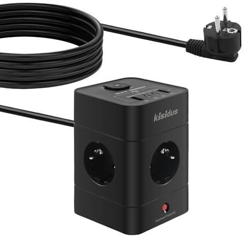 kisidus Regleta con Interruptor, regleta de enchufes con protección contra sobretensión, 4 Tomas con 2 USB-C y 2 USB-A, Cable de extensión de 2 m, regleta para Oficina y hogar, Color Negro