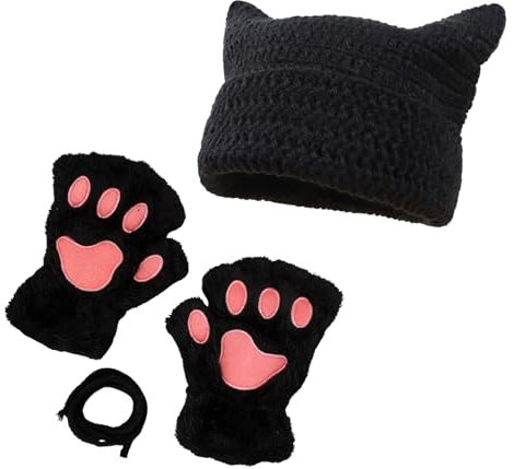 yolrdiw Therian Stuff Niedliche Katzenmütze, pelzige Pfoten, fingerlose Handschuhe, Grunge Emo Fairycore Kleidung, Y2K Zubehör, Schwarz, Einheitsgröße