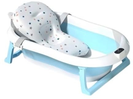 Valle Verde Baby Badewanne, Babywanne, Kinderbadewanne - Mit integriertem Thermometer, Badekissen - Anti-Rutsch, Faltbar, Platzsparend, 0-2 Jahre - 80 cm x 52 cm x 20 cm, Blau