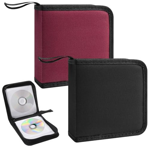HENGBIRD 2 Stück CD Tasche, CD Taschen Aufbewahrung, CD Mappe mit Reisverschluss, CD Organizer für Auto und Zuhause, Zur Box DVD Aufbewahrungsbox, Platzsparend für Auto und Zuhause, Rot und Schwarz