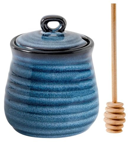 Tikooere Ceramic Honey Pot with Lid and Honey Dipper, 12 oz Honey Jar and Wooden Dipper, Pottery Honey Container for Home, Cute Honey Dish, Dishwasher Safe, Blue