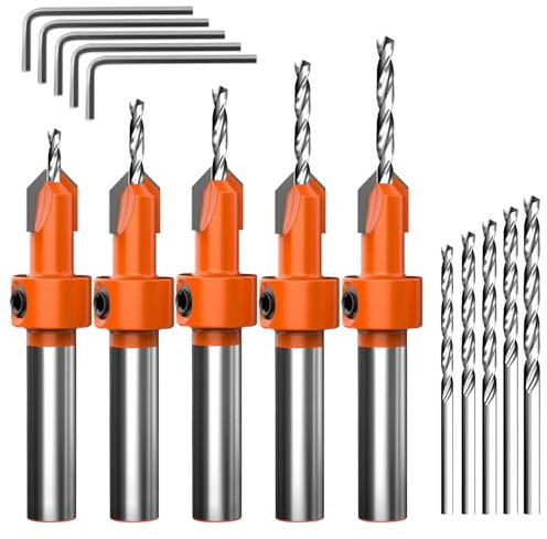 Jeu de 15 Foret Fraise Bois, 5 Forets à Fraiser en HSS Réglables (2.8/3/3.2/3.5/4mm), avec 5 Mèches Remplaçables 5 Clés Hexagonales, Countersink Drill Bit Set pour Chanfreinage et Perçage Précis