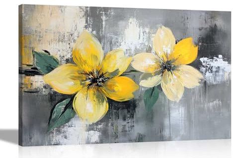 Artley Prints - Rustic Grey Yellow Flowers Canvas Wall Art Botanical Prints For Office Home Hallway Ready to Hang Decoration Extra Large 101 x 76cm (40 x 30 inches)