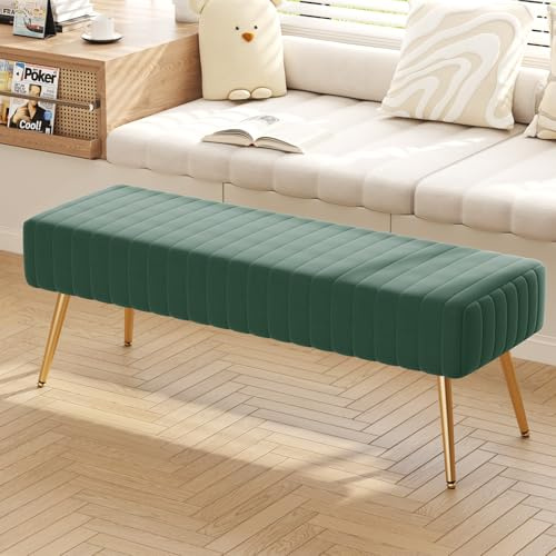 Ckaff Sitzbank Flur Schlafzimmerbank 113.5cm, Esszimmerbank, Bettbank Flurbank, Fußbank, Polsterbank, Schminkbank Schuhbank mit Metallbeinen aus Samt für Schlafzimmer Wohnzimmer Flur, Grün