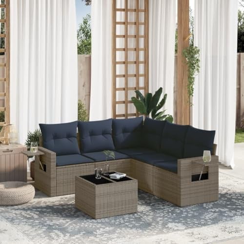 Bucmath 6-teiliges Gartensofa-Set, Grau Polyrattan, mit Kissen, Gartentisch aus gehärtetem Glas, UV-beständig, für Terrasse und Balkon