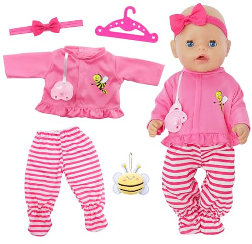 5 Stück Puppenkleidung für 35-43 cm / 14-17 Zoll Newborn Baby Puppen | Puppenkleidung mit Rosa Shirt Schnuller Strumpfhosen Stirnband Biene-Spielzeug Kleiderbügel Puppen Zubehör Kinder Geschenke