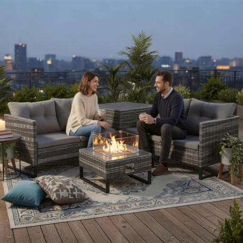 BIRCHTREE Rattan Furniture Set 4-Seater Corner Sofa Set with Fire Pit Table & Side Storage Box, Weather-Resistant Outdoor Patio Garden with Cushions, Grey