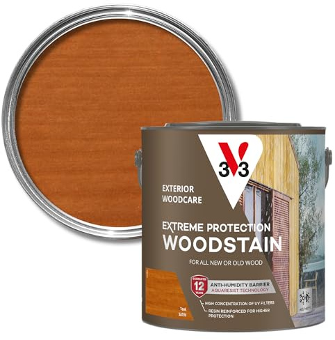 V33 Extreme Protection Woodstain for Exterior Wood, Teak Satin, 2.5L | 12-year guarantee, Water-based formula, Waterproof barrier, UV resistant technology, Non-drip formula, For new & treated wood