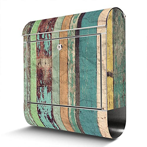 banjado® Briefkasten Edelstahl mit Motiv Bunte Bretterwand 38x43x12cm & 2 Schlüssel - rostfreier Edelstahl Briefkasten mit Zeitungsfach - Postkasten A4 Einwurf inkl. Montagematerial