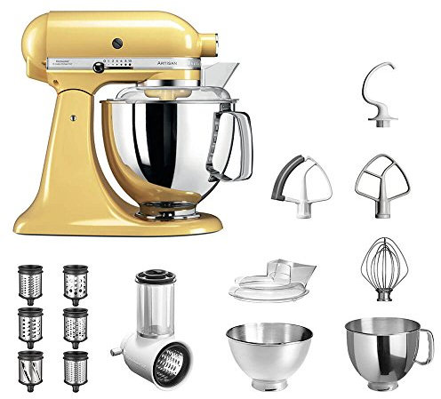 KitchenAid Küchenmaschine Artisan 5KSM175PS Veggie S Paket | mit TOP Zubehör: Gemüseschneider mit drei Trommeln sowie zusätzlichem Raspel und Reibenpaket mit 3 weiteren Trommeln (Pastellgelb)