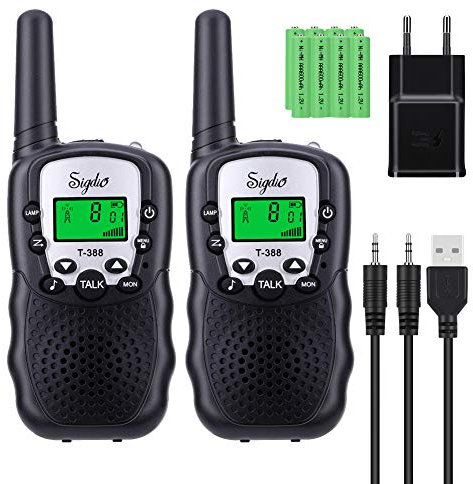 Sigdio T-388 Talkie Walkies pour Enfants PMR 446 Talkies Walkies avec Batteries Rechargeable et Chargeur Talky Walky Enfants Flashlight VOX 8 Canaux 0,5W (Noir)