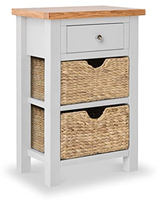 RoselandFurniture Farro Grey Slim Console Table for Hallway | Fully Assembled, Telephone Stand with Basket Storage, Oak Top, Contemporary Coastal Style, H75cm W55cm D32cm