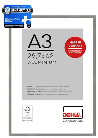 DEHA Design Bilderrahmen, 29,7 x 42 cm (A3), Aluminium, Grau matt, Posterrahmen zum Aufhängen im Hoch- & Querformat, bruchsicheres Kunstglas, Tribeca
