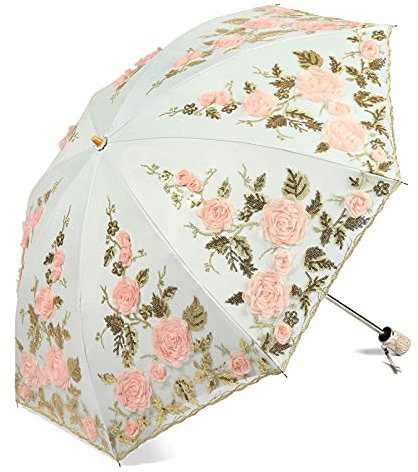 LCY Womens Anti-UV Lace Embroidery Folding Sun Parasol Rain Umbrella Wedding Umbrella-Apricot