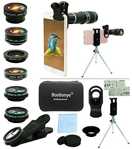 Handy Objektiv Linse Kit Lens Set 10 in 1, 20X Teleobjektiv, 0,63Weitwinkel,Makro,Fischauge, 2X Telefoto,Kaleidoskop,CPL/Starlight/Eyemask/Stativ, für iPhone und meisten Android Smartphone