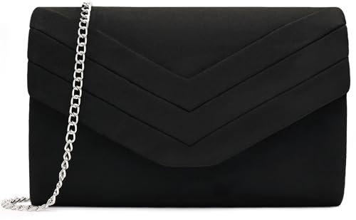 Milisente Abendtasche für Damen, Veloursleder, Umschlagtasche, Abend-börsen, Crossbody-Schulter-Clutch, Schwarz (808 Schwarz), Medium