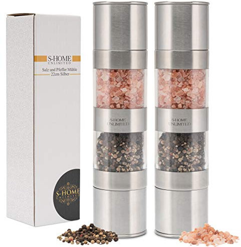 S-Home Unlimited 2er Set Salz und Pfeffermühle 2in1 manuell | Kombi Gewürzmühle Edelstahl mit Keramikmahlwerk | Platzsparend & modern für Salz, Pfeffer & mehr