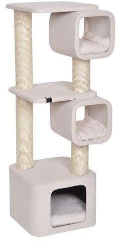 Ebi, Kratzbaum Modell Akita 37 x 37 x 111 cm, Weiß, mit Zwei Tunneln und Unterschlupf zum Entspannen, Stoff mit Komfortschaum, Unterstand mit Kissen aus Plüsch, Sisal und Stoff