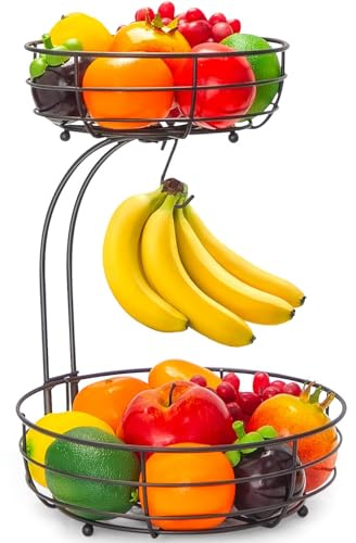 Auledio 2-Tier Countertop Fruit Vegetables Basket Bowl Storage With Banana Hanger, Brone (1)