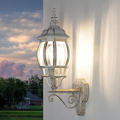 Licht-Erlebnisse Außenwandlampe Glas Aluminium in Weiß Gold IP44 Garten Balkon H:54 cm E27 Landhaus Design Rustikale Wandlaterne Outdoor BREST