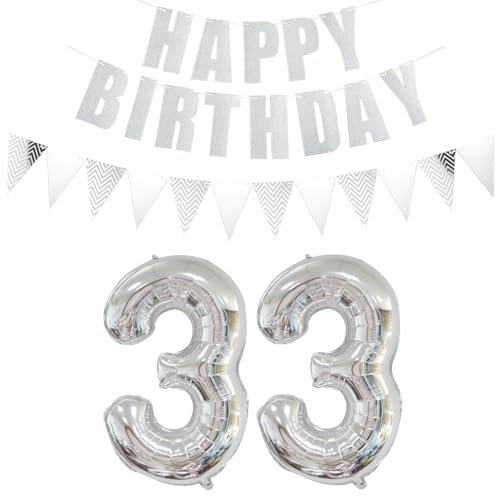 Luftballons Zahl 33 Silber + Happy Birthday Girlande + banner Folienballon 33.Geburtstags deko frau mann ballons 33 Jahre Geburtstag deko frauen Zahlenballon 33 Geburtstag dekoration Männer frau(33)