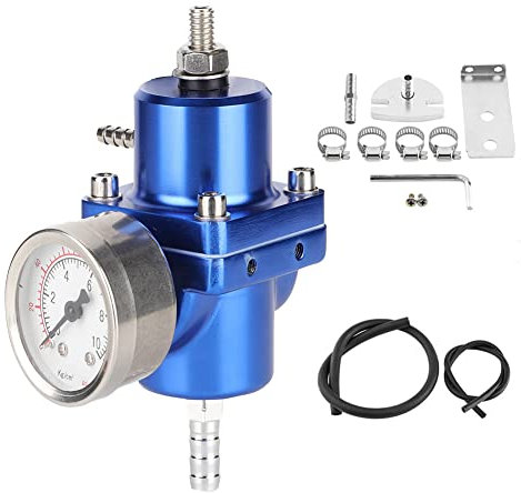 Regulador de presión de combustible, regulador de presión de combustible universal FPR de aleación de aluminio con manguera de calibre 0-140psi ajustable(azul)