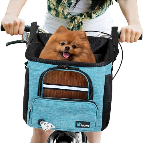 PetAmi Hunde-Fahrradkorb – Fahrradkorb für Hunde, Haustier-Fahrradlenker, belüfteter Haustier-Reiserucksack, Auto-Sitzerhöhung für kleine Welpen, Katzen mit Netzfenster, Sherpa-Bett, Sicherheitsgurt