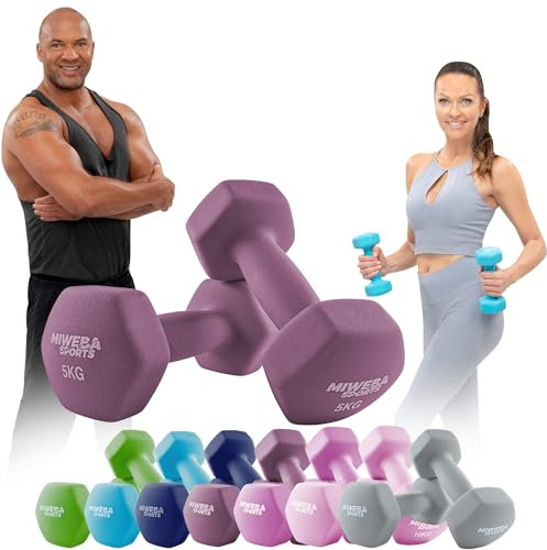 Miweba Sports Neopren Hantelset NKH100 | 𝐏𝐫𝐨𝐟𝐢 Hantel - Hexagon Hanteln Set - Kurzhanteln - Kurzhantel Set - Gymnastikhanteln - Hantel Set - Dumbbell - 0,5-10 Kg (2X 5.0 kg, Lila)