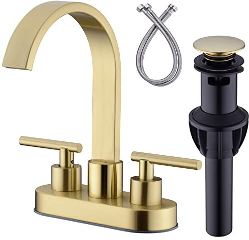 DIKUROOMS 10.2 cm quadratischer Wasserfall-Waschtisch-Wasserhahn, 2 Griffe, mittig angebracht, 360° schwenkbarer Auslauf, gebürstetes Gold