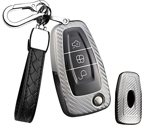 HIBEYO Klapp Autoschlüssel Hülle passt für Ford Schlüsselhülle Silikonschutz Cover für Ford Fiesta Focus Kuga Mondeo Karbonfaser-Muster Abdeckung Schutzhülle Fernschlüssel Flip Schlüsselbox-Silber
