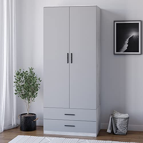 URBNLIVING Tall 2 Door Bedroom Wardrobe With 2 Drawers (Ash Grey Set)