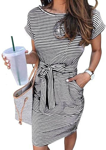 Ann Darling Damen Sommer Casual T-Shirt Kleider Tie Taille Midi Kleid mit Taschen, schwarz, Klein