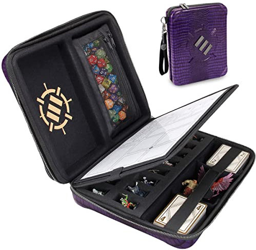 ENHANCE RPG-Organizer-Etui, Sammleredition – DND-Ordner mit integriertem Charakterbogenhalter, Würfelrollbereich, herausnehmbarer Stifttasche, Miniatur-Schaumstoffablage (Drachen Lila)