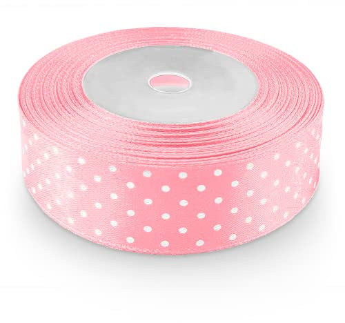 Netuno 1 x Satinband hellrosa gepunktet 25 mm x 22 m Schleifenband mit Punkten Geschenkband Dekoband Stoffband Satinrolle für Hochzeit Kommunion Taufe Geschenke Verpacken Blumen Dekoration Basteln