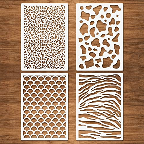 4 Pcs Animal Skin Print Stencils, Leopard Cow Fish Scale Tiger Print Skin Templates for Drawing, Reusable A4 Animal Plastic Stencils for Painting on Wood Fabric Wall Furniture DIY Art Home Decor