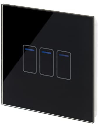 Retrotouch Crystal Touch Switch | LED Light Indicator | 3 Gang 2 Way 300W | Stylish Black Glass Finish | Screwless Front | 35mm Back Box No-Neutral Required | Luxury Home & Bathroom Light Switches