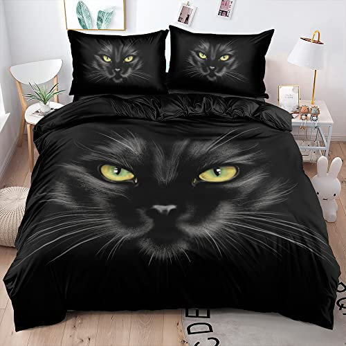 DXHOME Katzen Bettwäsche 135x200 Katze Schwarz Haustier 3D Effekte Wendebettwäsche 2 teilig Flauschige Weiche Mikrofaser Bettwäsche Kinder Mädchen Jungen mit Reißverschluss und 80x80 cm Kissenbezug