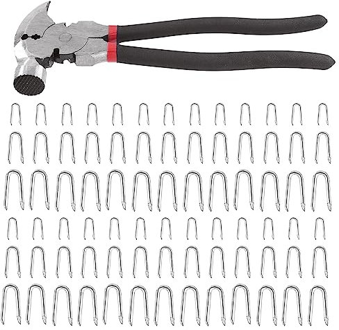 Tanstic 151 grapas de valla de alambre de 20 mm, 30 mm, 40 mm y alicates de esgrima con cabeza de martillo, herramientas de valla, grapas de alambre de acero al carbono, clavos en forma de U, clavos