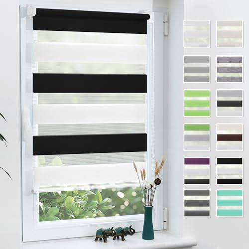Grandekor Doppelrollo Klemmfix ohne Bohren Schwarz-Weiß 70x110cm(Stoffbreite 66cm) Fenster Rollos für innen Klemmrollos Duo Rollos für Fenster ohne Bohren mit Bohren Privatschutz Zebrarollo